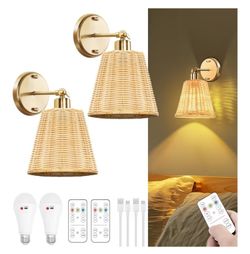 Rattan Rechargeable Battery Operated Wall Sconces Set of Two with Remote, 3 Colors Dimmable Wireless Wall Light, 5200mAh Indoor Wall Lamp with 4 Timer