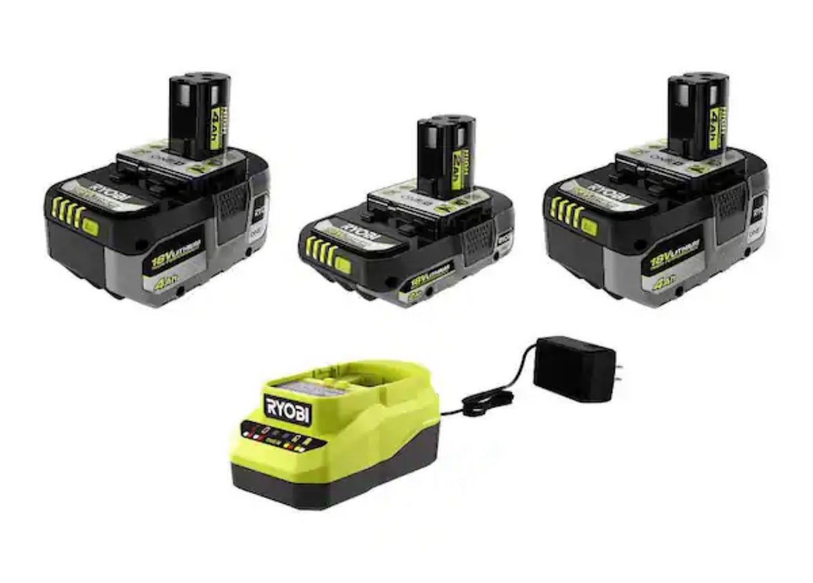 New RYOBI ONE+ 18V Lithium-Ion HIGH PERFORMANCE Starter Kit with 2.0 Ah Battery, (2) 4.0 Ah Batteries, and Charger