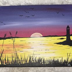 Original Hand-Painted Sunset Lighthouse Canvas Wall Art