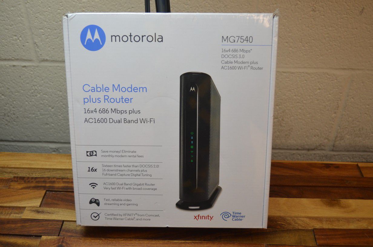 Motorola MG7540 16x4 Cable Modem Plus AC1600 Dual Band Wi-Fi Gigabit Router with DFS 686 mbps max Comcast Xfinity Cox Charter