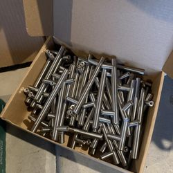 58 - like new 3.75” brushed nickel drawer/cabinet handles, chrome doorknobs and hinges for 14 doors