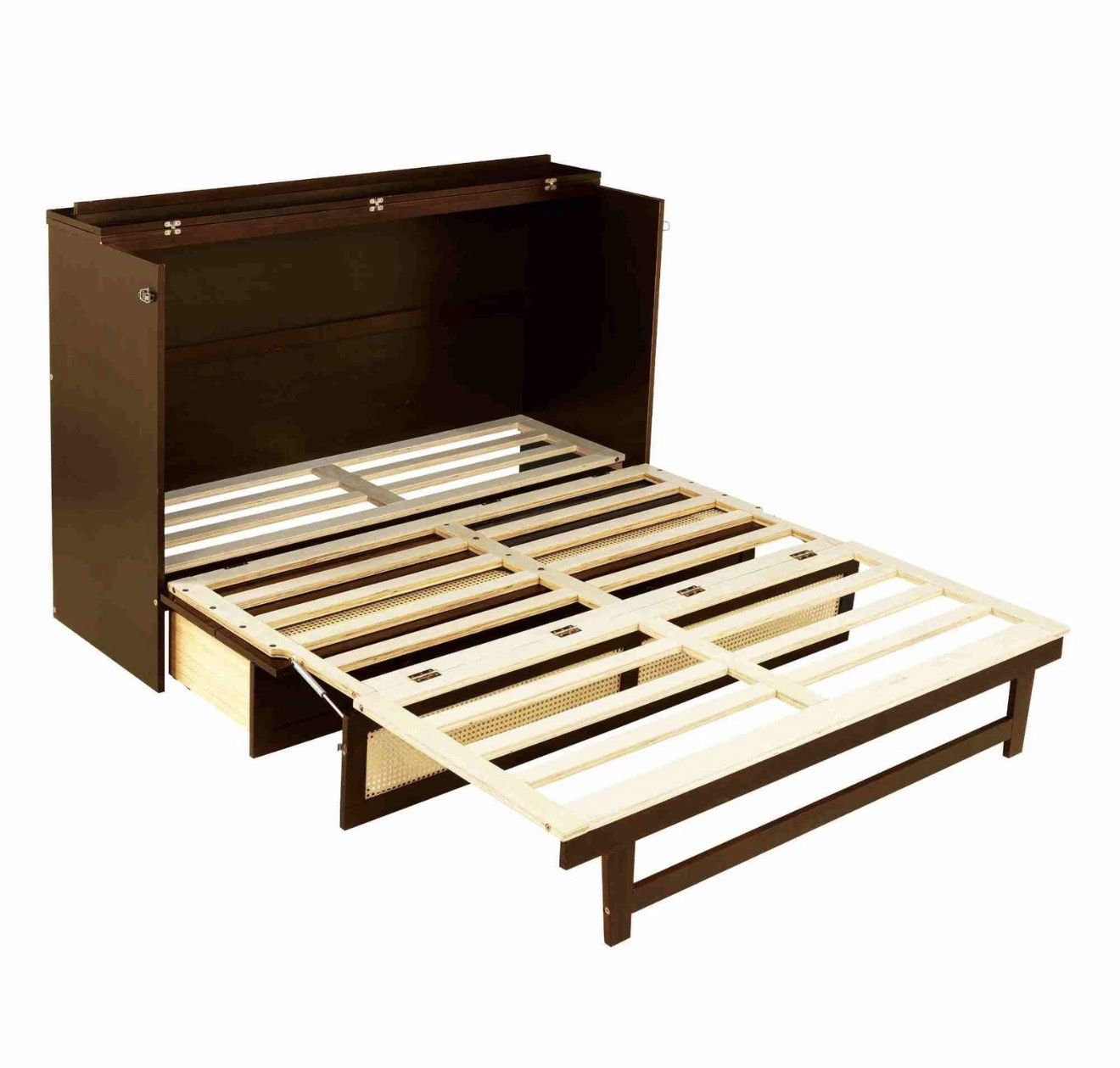 Folding cabinet bed - Walnut wood color, rattan decoration, four storage drawers