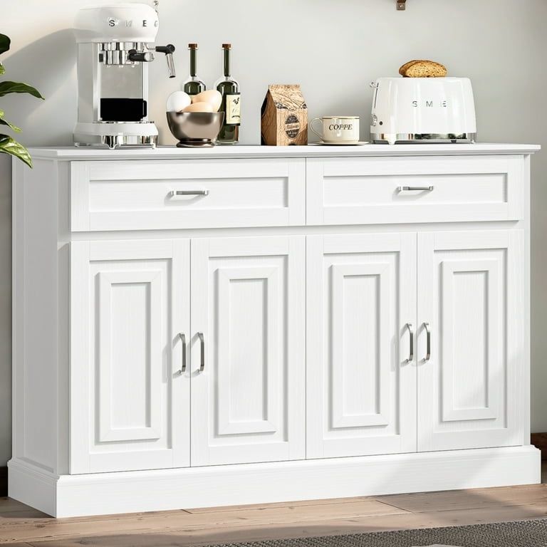 Modern Kitchen Sideboard Buffet Table, 4 Door 2 Drawer Wood Storage Cabinet Coffee Bar for Living Room Entryway, White