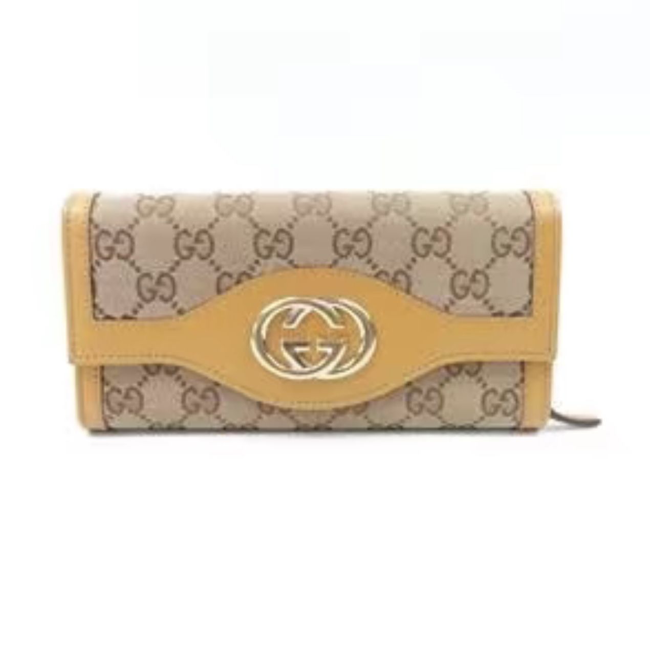 Gucci Gold & Tan GG Signature Canvas w/ Leather Beige & Yellow Long Wallet