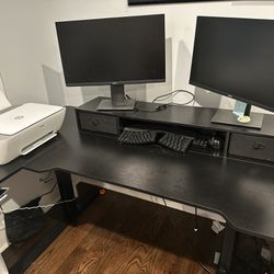Dhavina L Shaped Standup Computer Desk, Erogonomical Chair, And Dual Monitor Risers