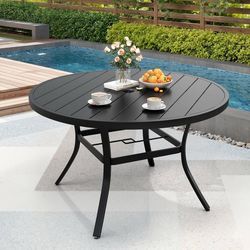 47.4'' Round Outdoor Dining Table for 4-6, Metal Patio Dining Table with Umbrella Hole, All-Weather Black Table for Porch, Garden, Backyard, Poolside,