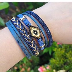 Bohemian Style Mixed Leather Stack Bracelet Blue with Magnetic Closure