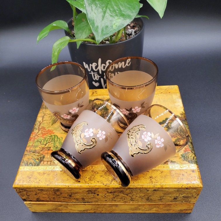 Set Of 4 Vtg Czech Bohemian Frosted Amber Moser Shot Glasses With Embossed Pink Floral/Bohemian Glass/Cottagecore/Shabby Chic/vtg Shot Glasses