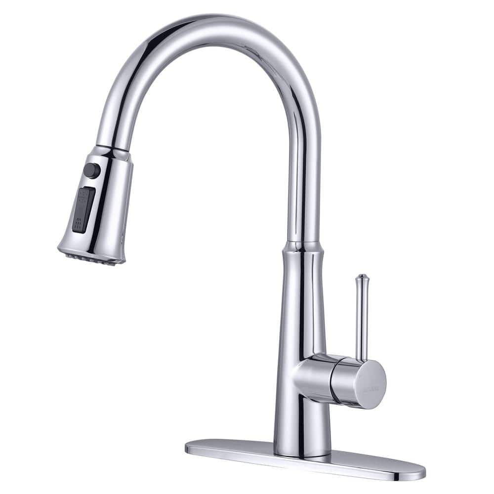 Single Handle Deck Mount Gooseneck Pull Down Sprayer Kitchen Faucet with Deckplate Included in Polished Chrome
