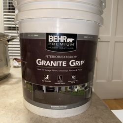 5-gallon bucket of BEHR Premium Granite Grip concrete floor coating in gray