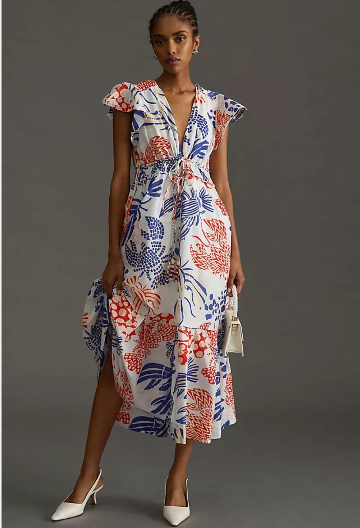Farm Rio White Multi Printed Ruffle-Sleeve V-Neck Dress Size M Lobsters Red