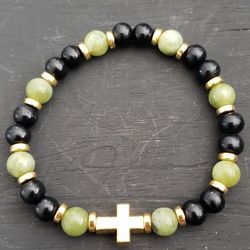 Wood Beads Bracelets With Jade Color Beads And Cross