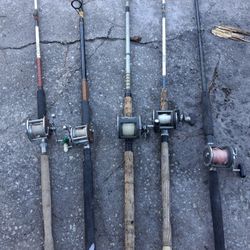 5 OFFSHORE FISHING POLES WITH PENN REELS