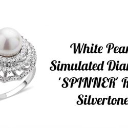 Stunning White Pearl & Simulated Diamond 'Spinner' Ring, Sz.9.5