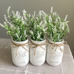 Chalk Painted & Distressed Mason Jar Vases 3 For $18