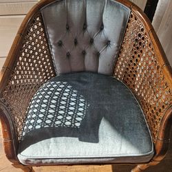 Mid Century Cane Barrel Back Armchair Chair Baby Blue Tufted 