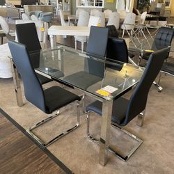 5Pcs Dining Table ( Glass Top Rectangular Table & 4Black Chairs)