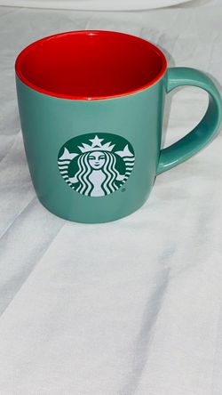 Starbucks Holiday Ceramic Coffee Mug mint green and red interior
