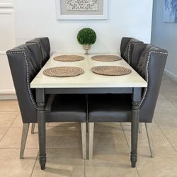 Dining Room Table And Chair Set Gray With 4 Leather Tufted Chairs