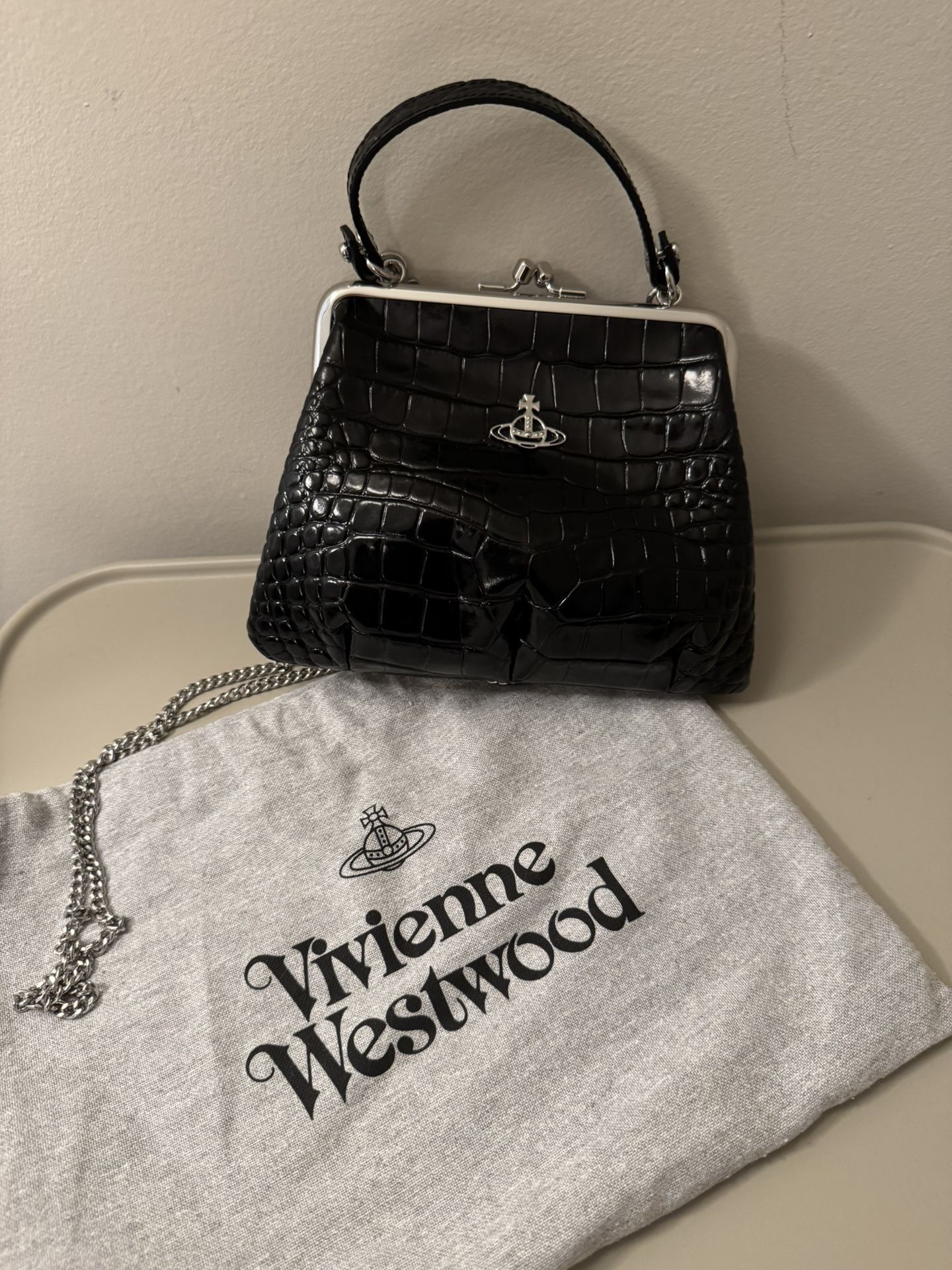 Vivienne Westwood Croc-Embossed Frame Leather Bag – Black