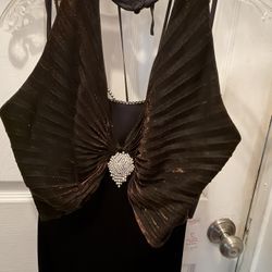 Elegant Evening Dress. Bronze Sparkle top, black Velvet long Length Women’s Size 11/12