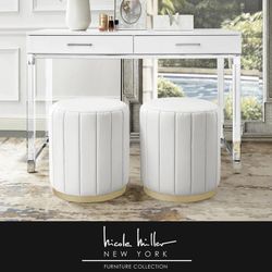 Flavia Ottoman by Nicole Miller New York (White and Gold)