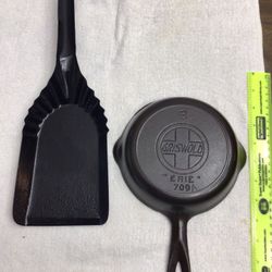 Restored Vintage Griswold #3 “Erie” 6.5” Cast Iron Skillet 709A Block Logo & Black Steel Ash Shovel 