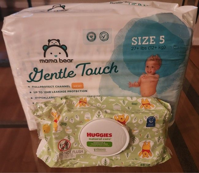 Mama Bear Gentle Touch Diapers Size 5 (33 ct) & Huggies Natural Care Sensitive & Fragrance Free Wipes (64 ct)
