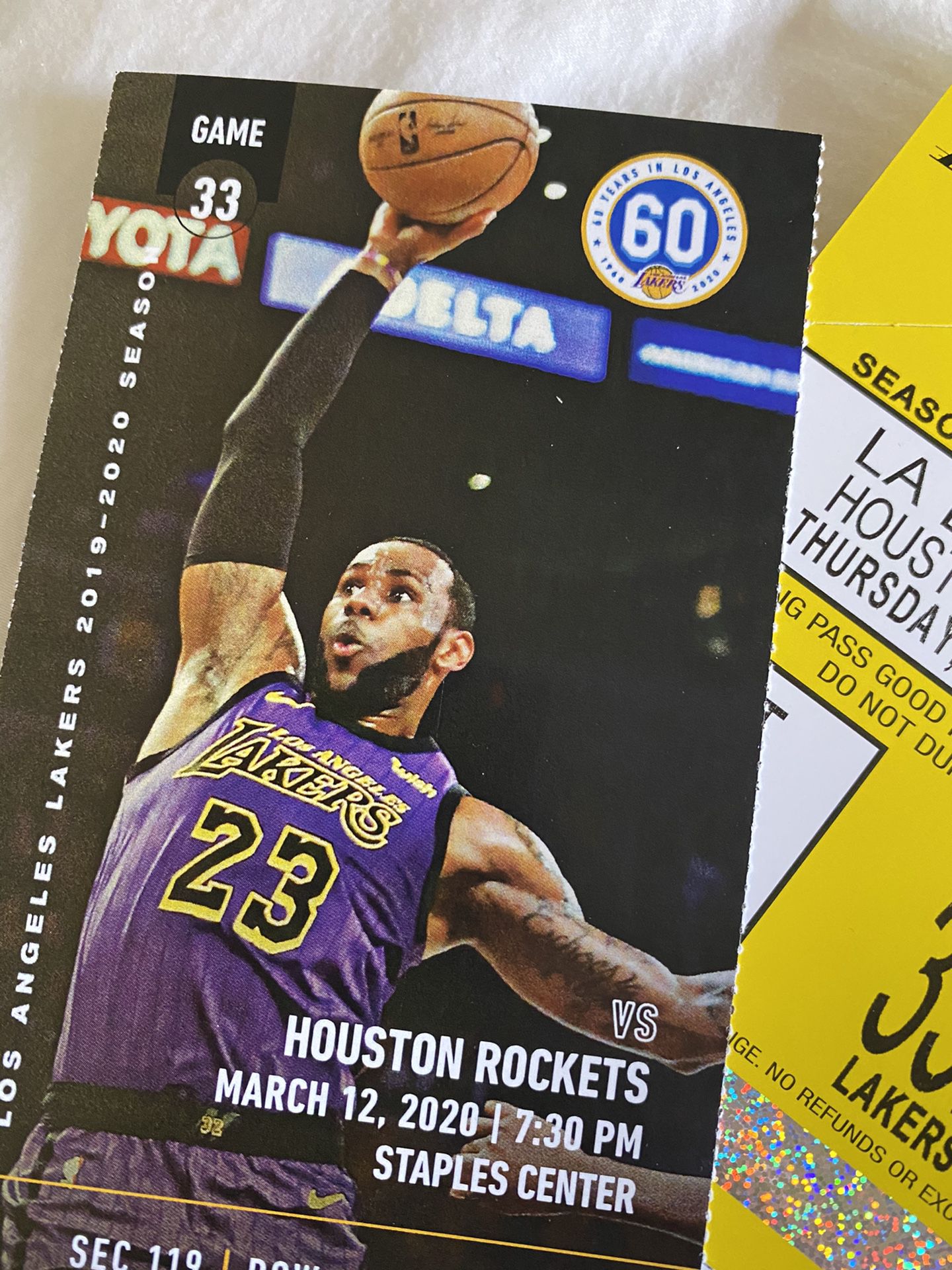 Lakers vs Houston Rockets 3/12/20 Tickets & Parking Pass