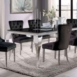 Brand New Glam Black Chrome 7pc Dining Table Set