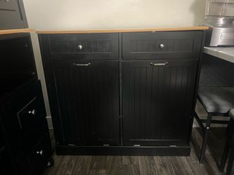HARIPUL Double Tilt Out Trash Cabinet, 26 Gallon Trash Can Cabinet with Drawers & Handles for Kitchen, Black/Light Brown Top