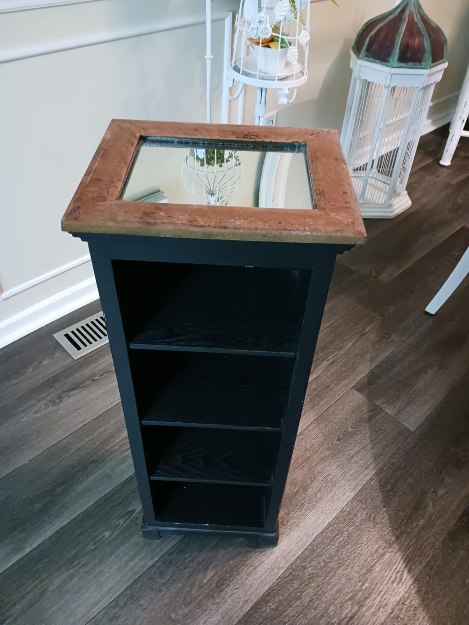 Small Wooden Black Shelf With Mirror Top