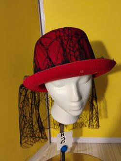 Halloween Hat Red Black Veil Floral Skull