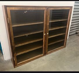Vintage Mid Century Solid Wood Glass Door Display Case w/Adjustable Shelves / Wall Cabinet with Key Lock