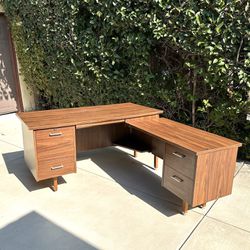 Vintage 1987 L Shape Formica Office Pedestal Corner Desk with Drawers and Arm Table, Delivery Available Mid Century MCM