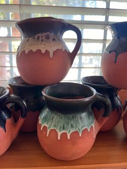 Set of 7 Terracotta Clay Mugs with Drip Glaze Finish