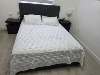 Queen Bed Frame with Upholstered Headboard and two night stands