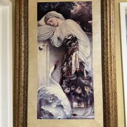 Victorian-Style Romantic Woman with Swan – Large Ornate Gold-Framed Wall Art 