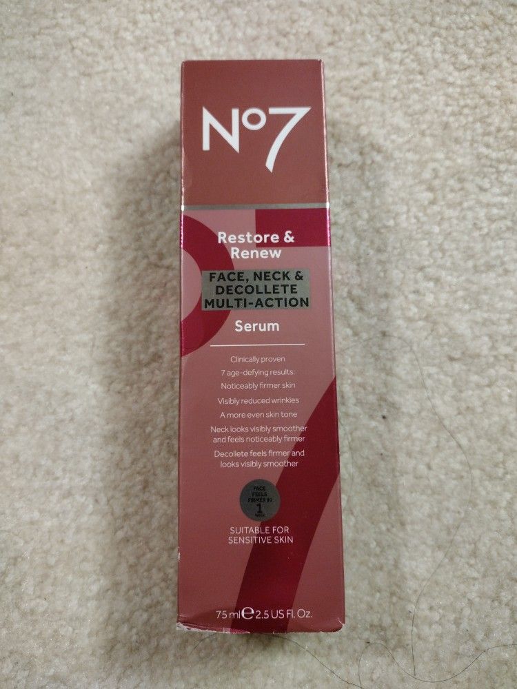 New-in-box No7 Restore & Renew Multi Action Face & Neck Serum .