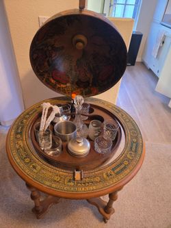 Vintage Zodiac Globe Bar Cabinet on Casters with Decanter & Glassware storage