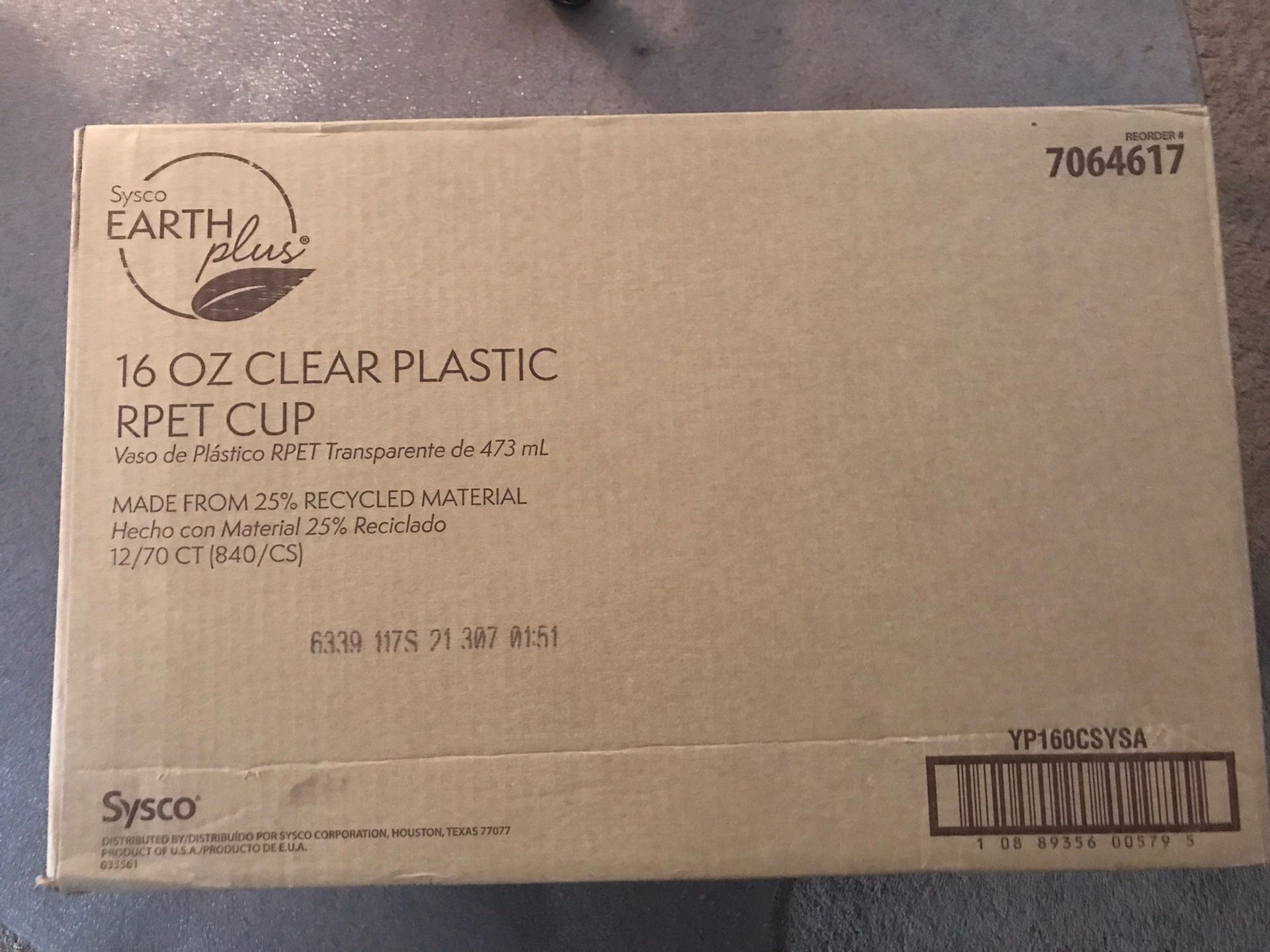 SYSCO EARTH PLUS 16 OZ. CLEAR PLASTIC CUPS