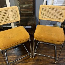 Mid Century Modern Dining Chairs Set Of 2, Velvet Accent Chairs With Natural Cane Back & Stainless Chrome Base, Famous Breuer Designed Chairs,