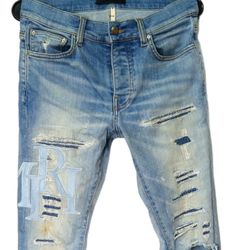 Amiri Men's Staggered Logo Skinny Jeans Light Blue Denim Size 29, 45 IT