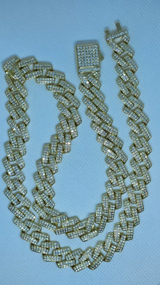 Gold over 925 Sterling Silver Monaco Cuban Chain With Genuine Moissanite 22 Inch 13 MM 100 Grams