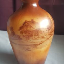 Antique Bohemian Painted Milk Glass Vase Cottage Landscape