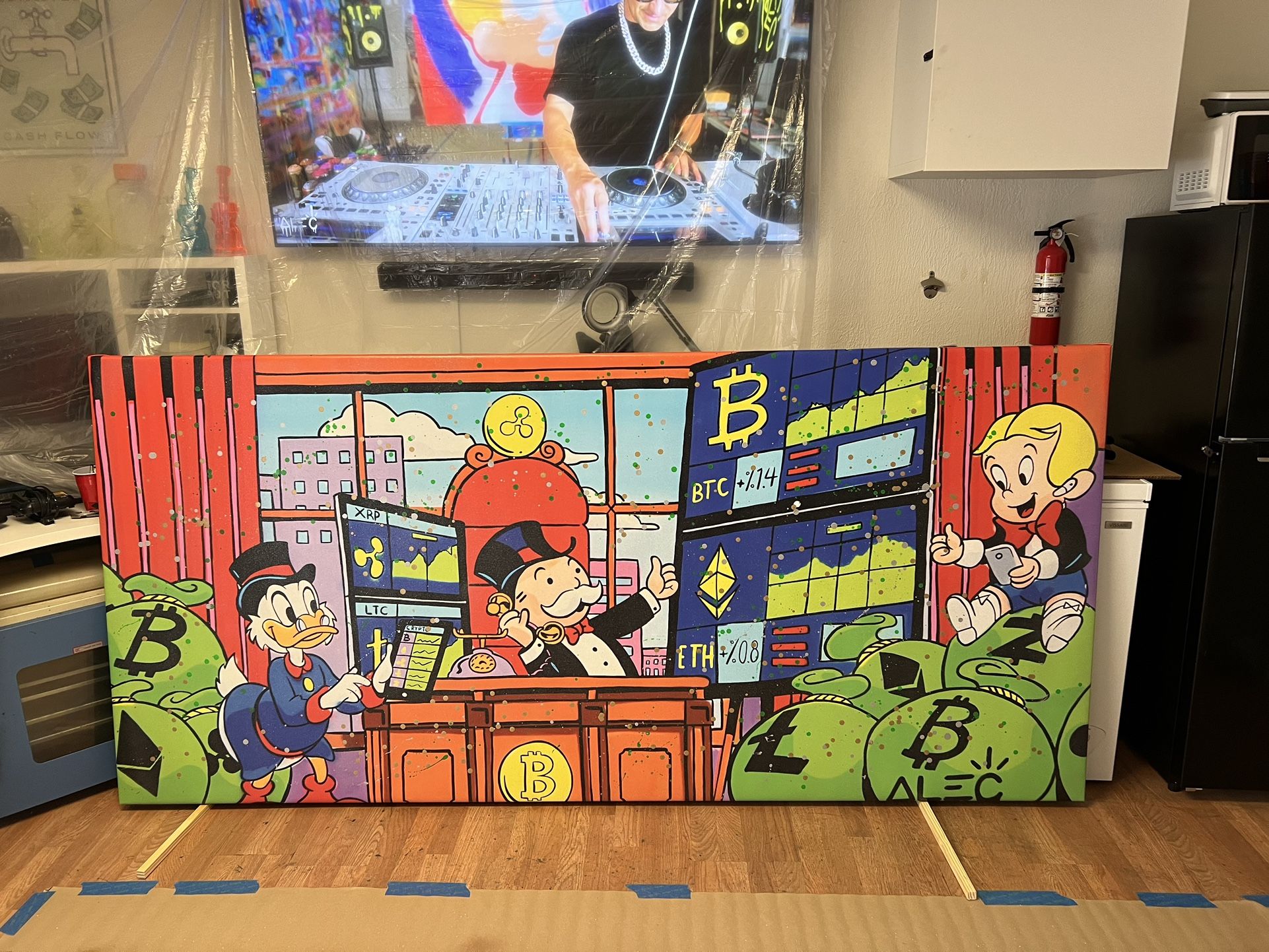 Alec monopoly canvas framed glow in the dark crypto market 45”x100” 2”  thick frame