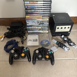 Nintendo GameCube W/gameboy Black 2 Controllers 21 Games Startup Disc Cords All Together 