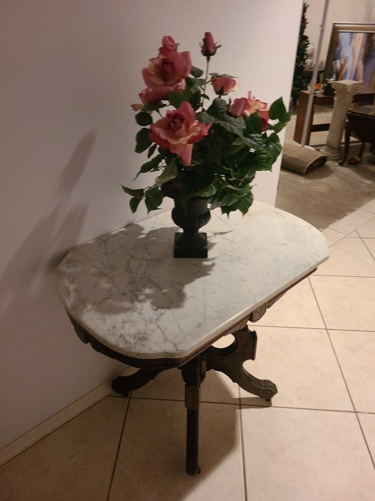 White Marble Top table on Wheels antique