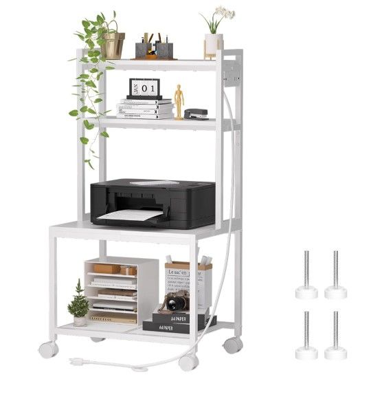 Printer Stand with Charging Station, 4-Tier Printer Stand with Storage, Large Tall Printer Table with Wheels for Home Office, Kitchen, Living Room, Pr