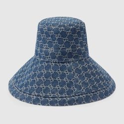 Gucci GG Large Wide Brim Canvas Denim Monogram Jacquard Beach Bucket Hat New